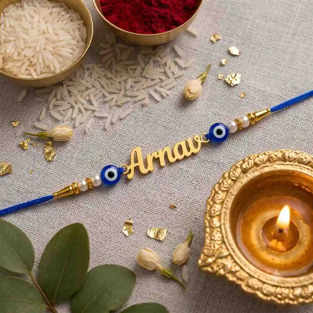 Evil Eye Classic Name Metal Rakhi with Custom Cutout Name for Brother