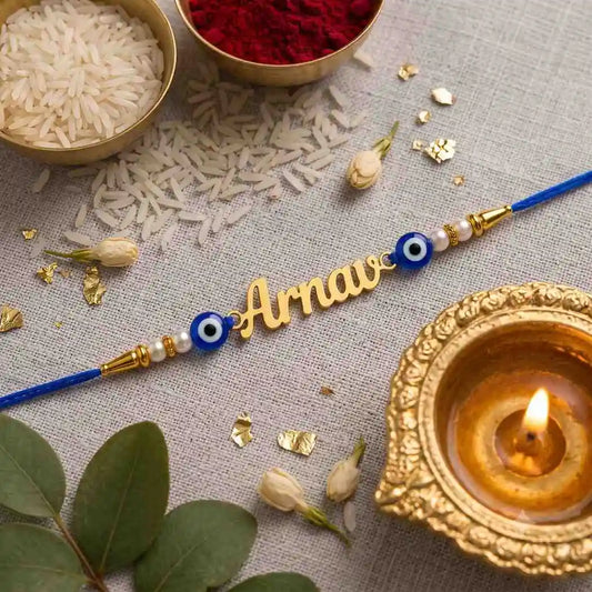 Evil Eye Classic Name Metal Rakhi with Custom Cutout Name for Brother