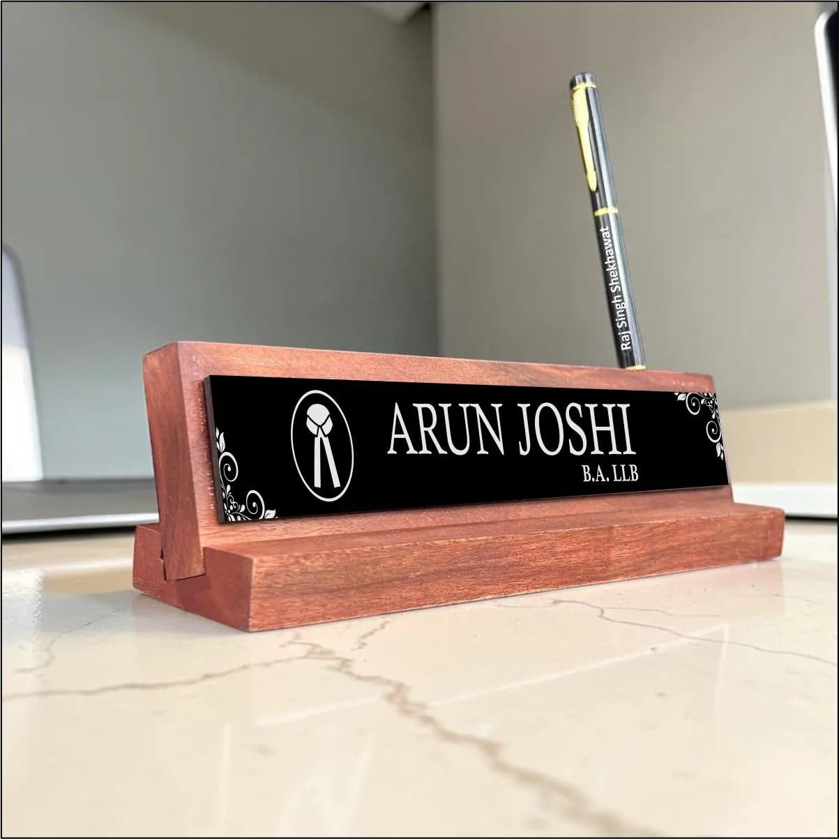 Personalized Wooden Advocate Name Plate with Premium Metal Pen