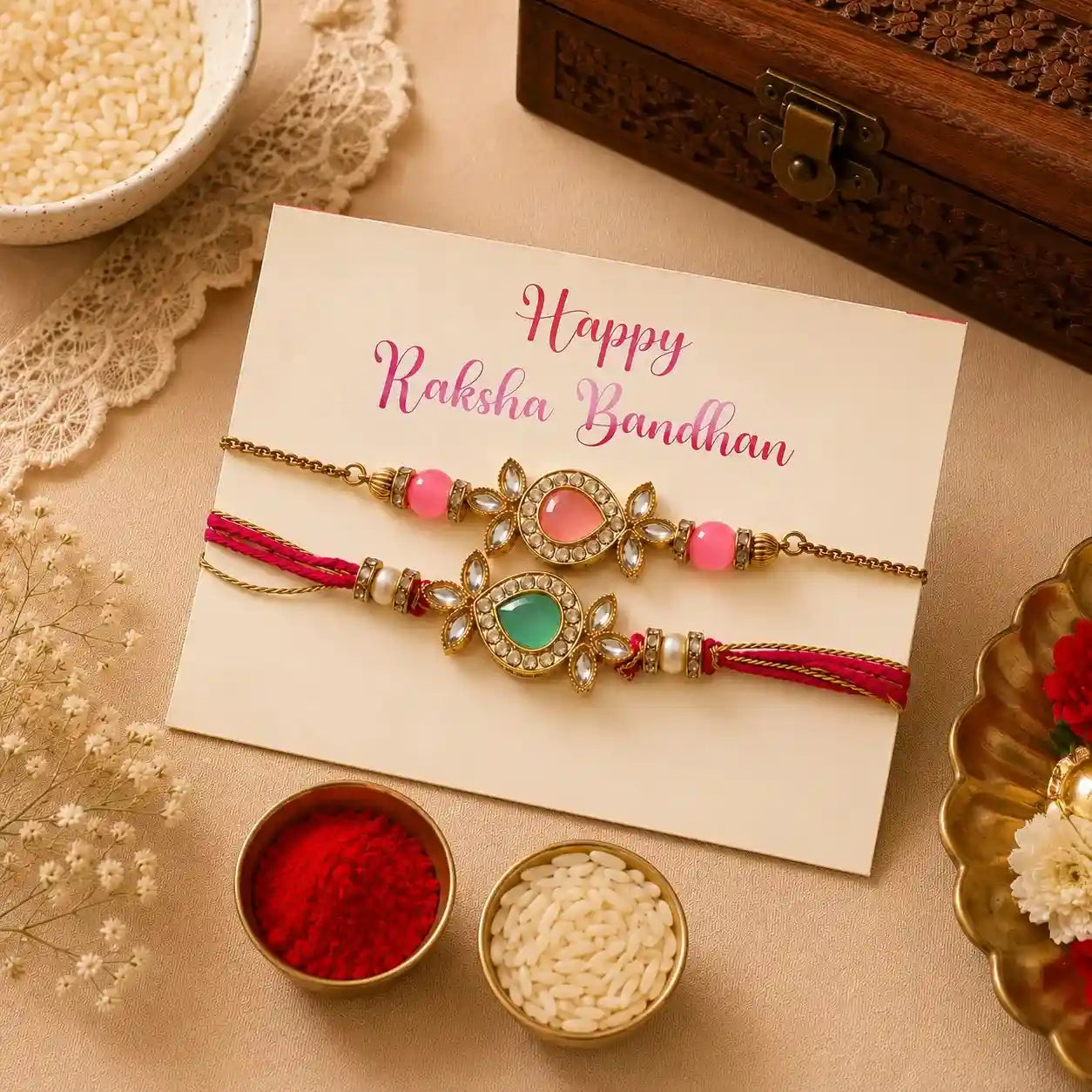 Designer Bhai Bhabhi Rakhi Set with Kundan Stone and Pearl Work, traditional Raksha Bandhan rakhi combo for brother and bhabhi with decorative festive design