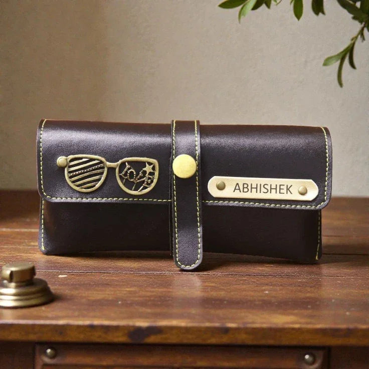 Personalized leather sunglasses holder with name plate