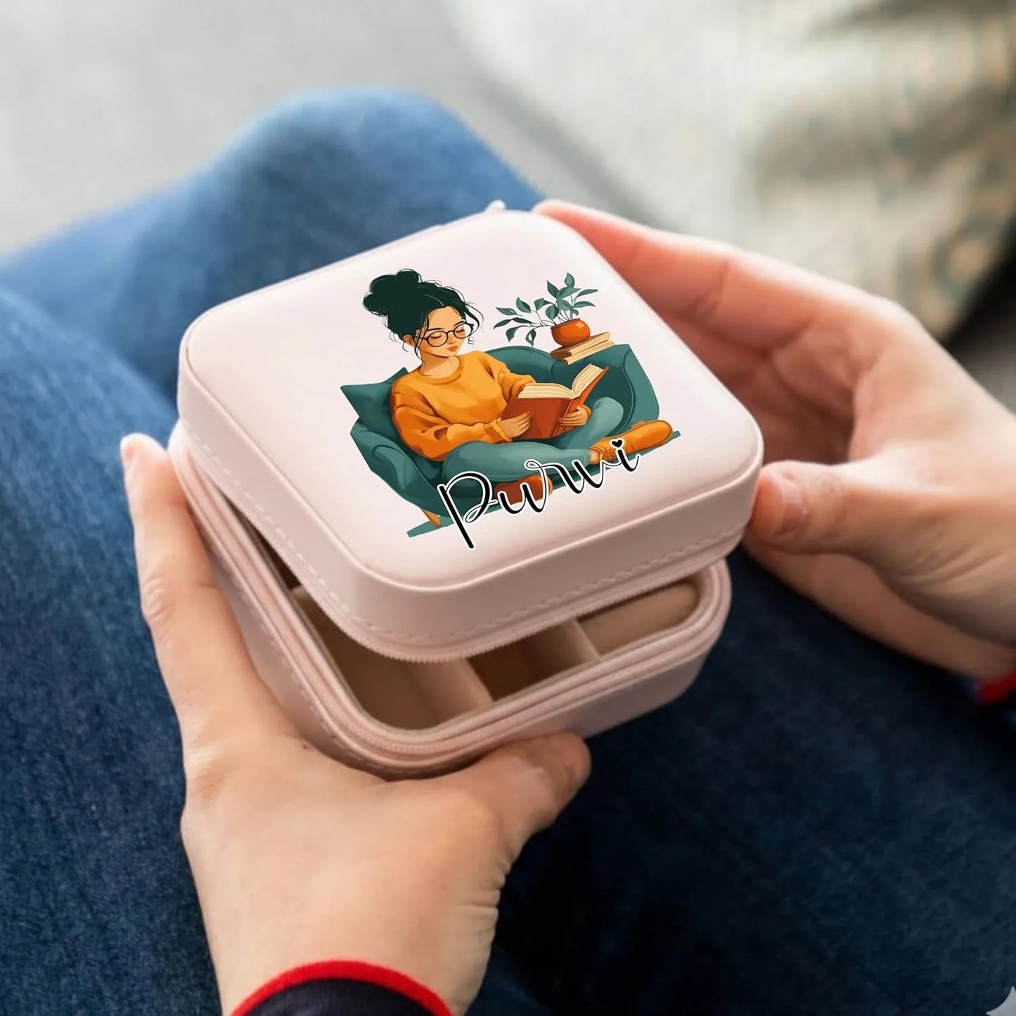 Custom name jewellery box with Book Lover girl illustration