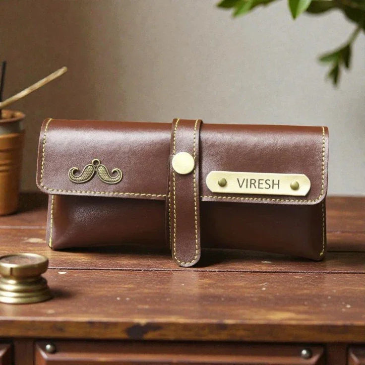 Custom leather sunglasses case for men with name engraving