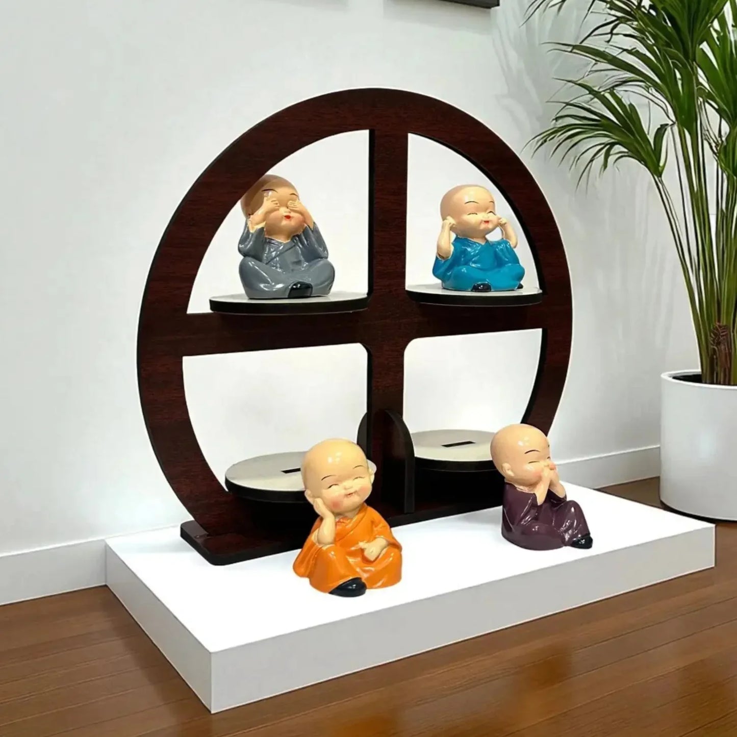 Monk Buddha Showpiece in Round Wooden Frame – Home & Office Décor