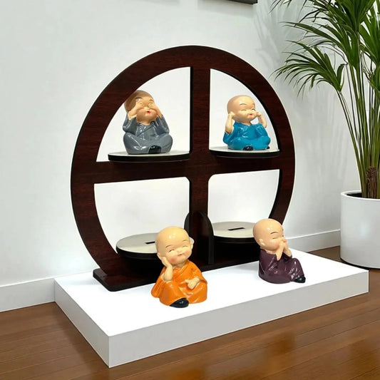 Monk Buddha Showpiece in Round Wooden Frame – Home & Office Décor
