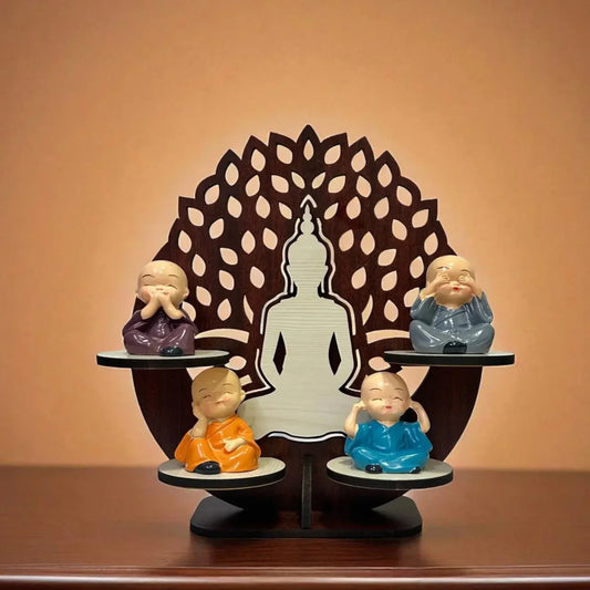 Decorative set with a central Buddha statue and four smaller statues on a wooden shelf against a brown background.