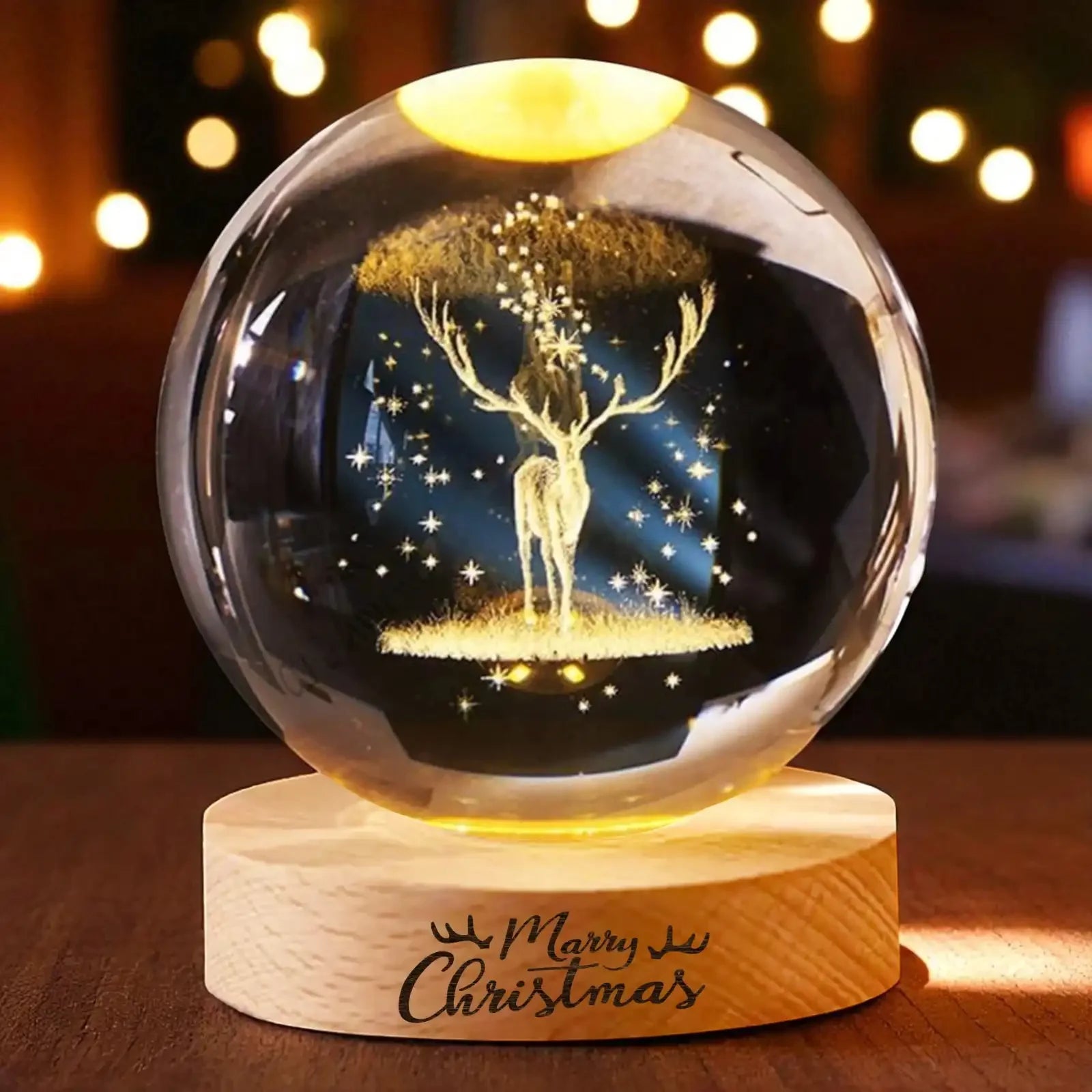 Crystal Deer Christmas LED Lamp on Wooden Base