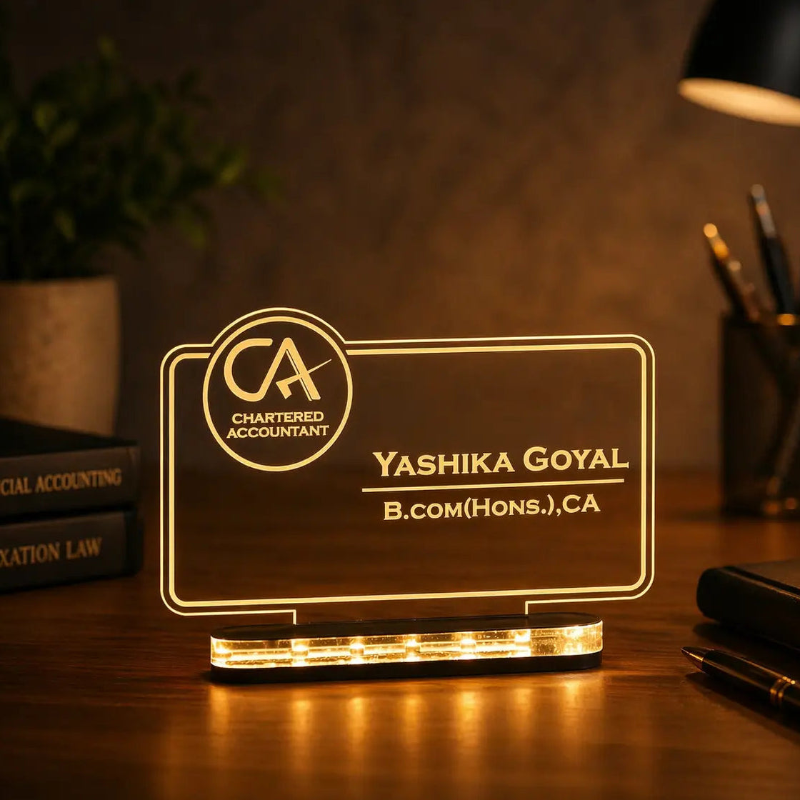 Personalized nameplate with professional design on a wooden desk