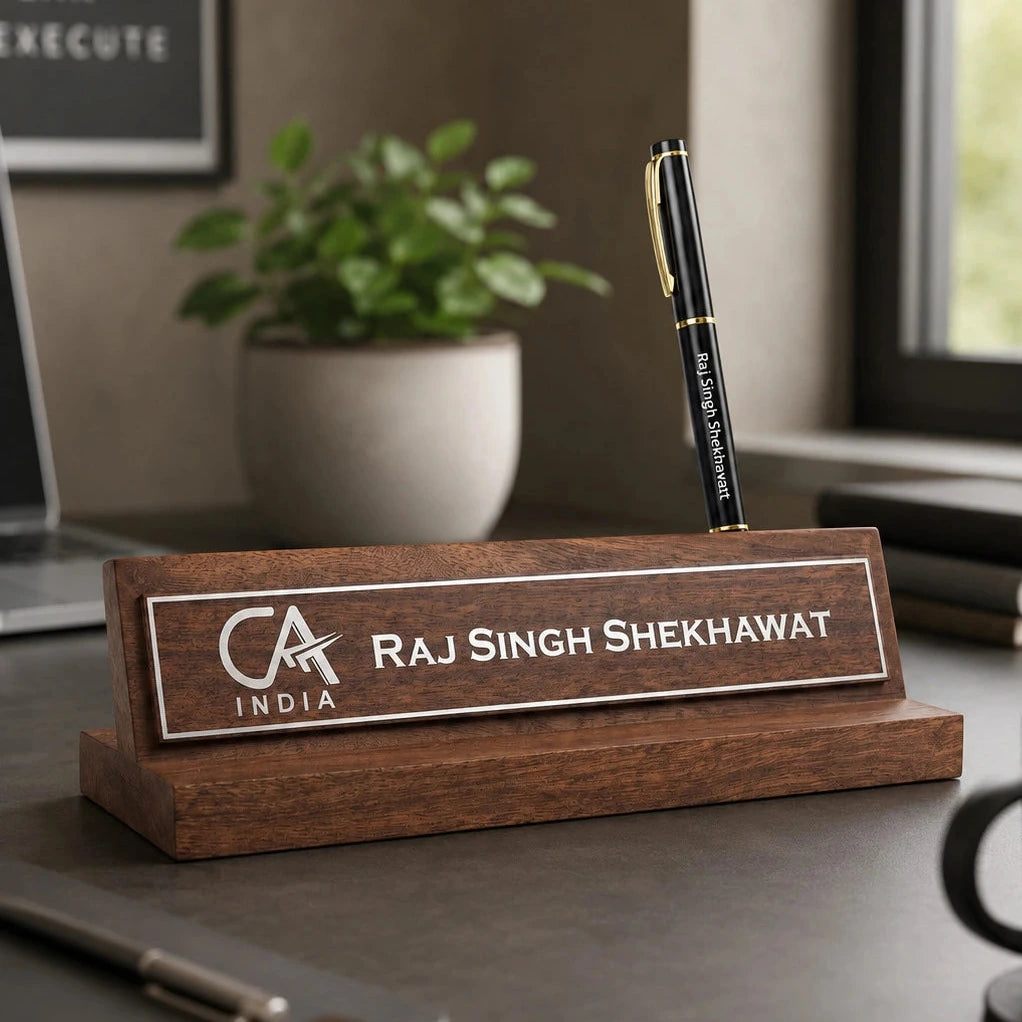 personalized ca name plate with pen stand