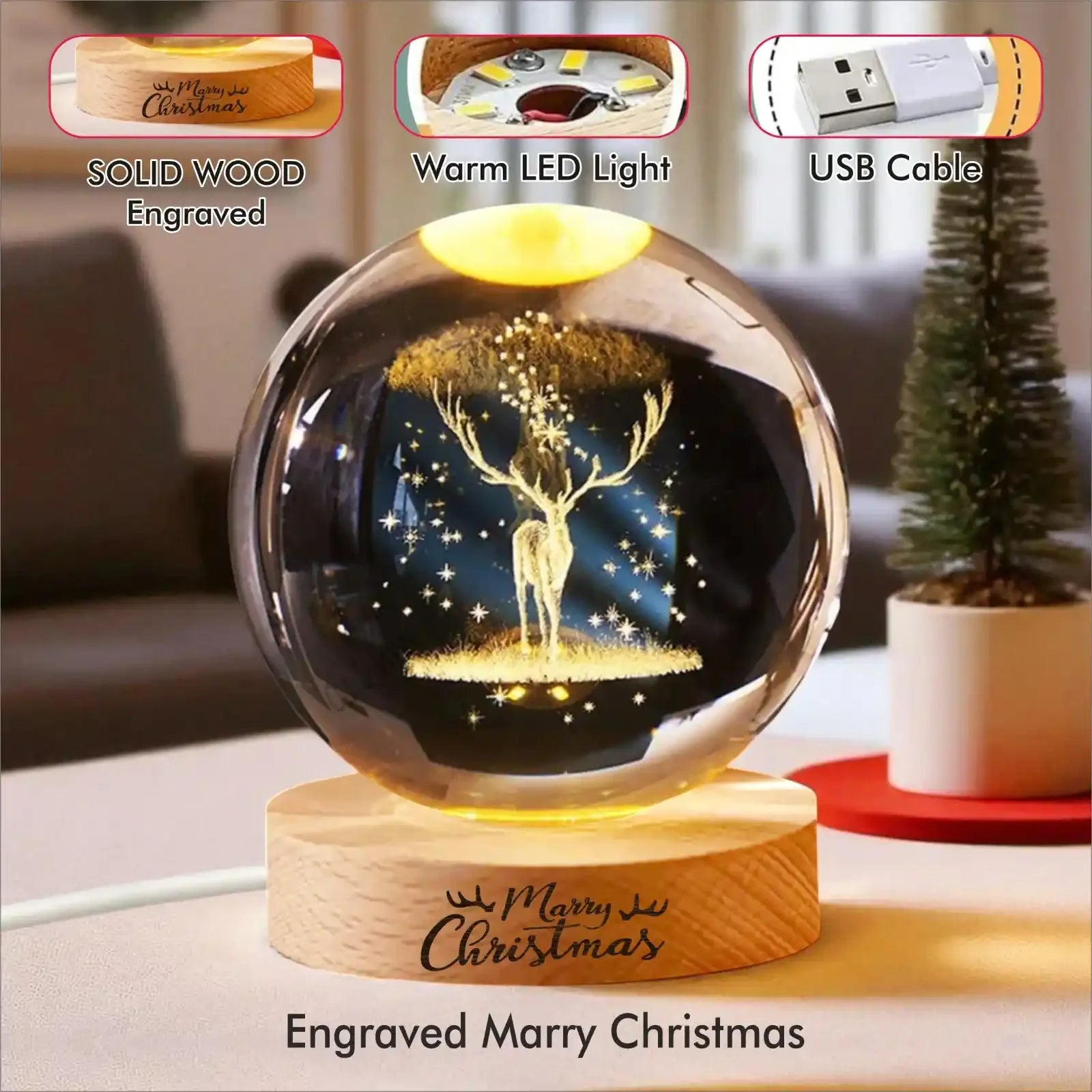 3D Deer Engraved Crystal Ball Light for Home Decor