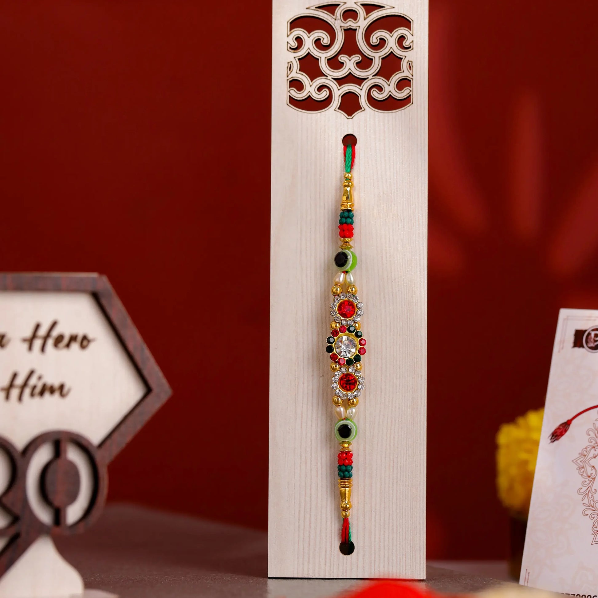 Designer Rakhi with Wooden Display Stand – Raksha Bandhan Gift