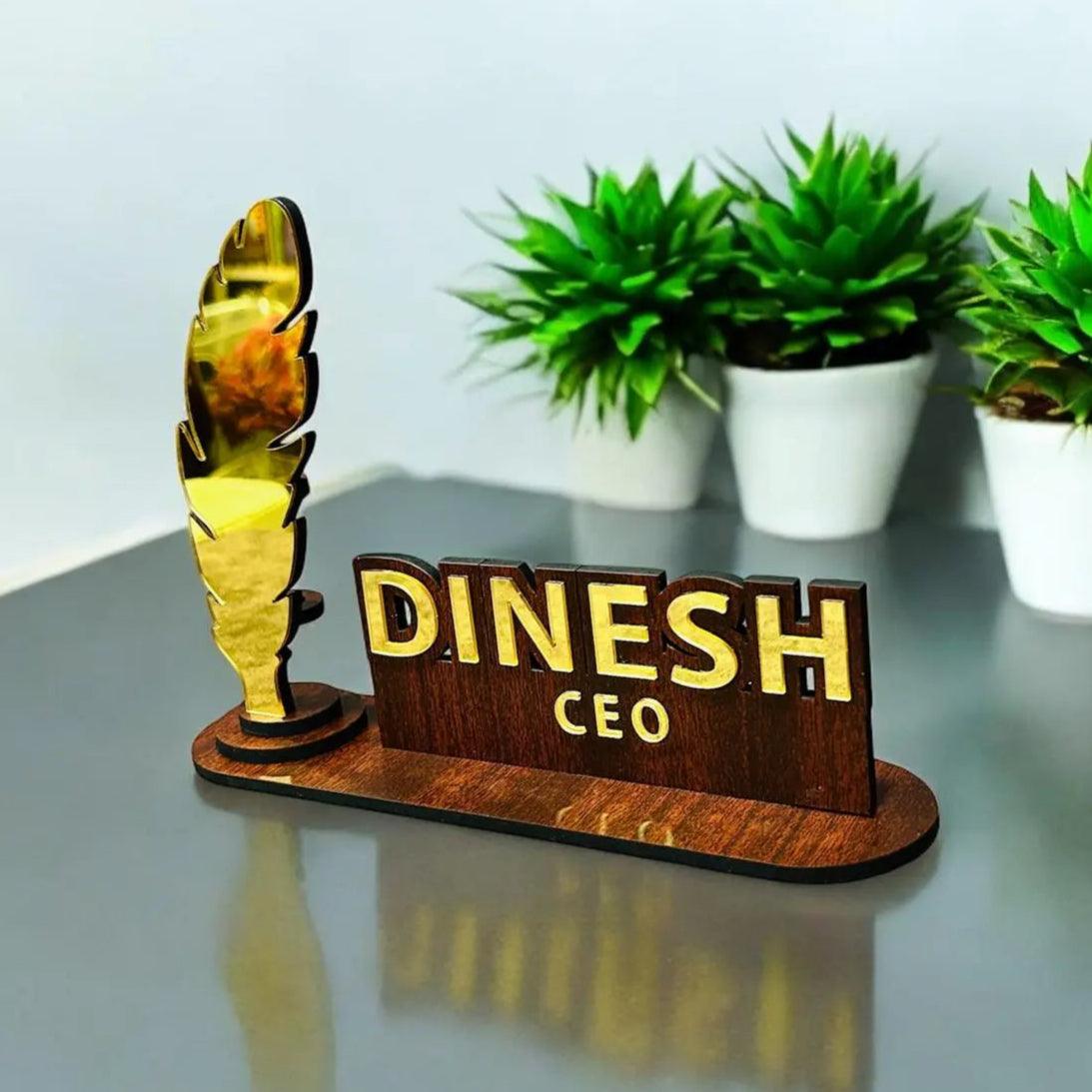 Personalized Wooden Desk Name Plate with Pen Holder – Custom Engraved Office Nameplate with Golden Acrylic by Precious Art Gifts
