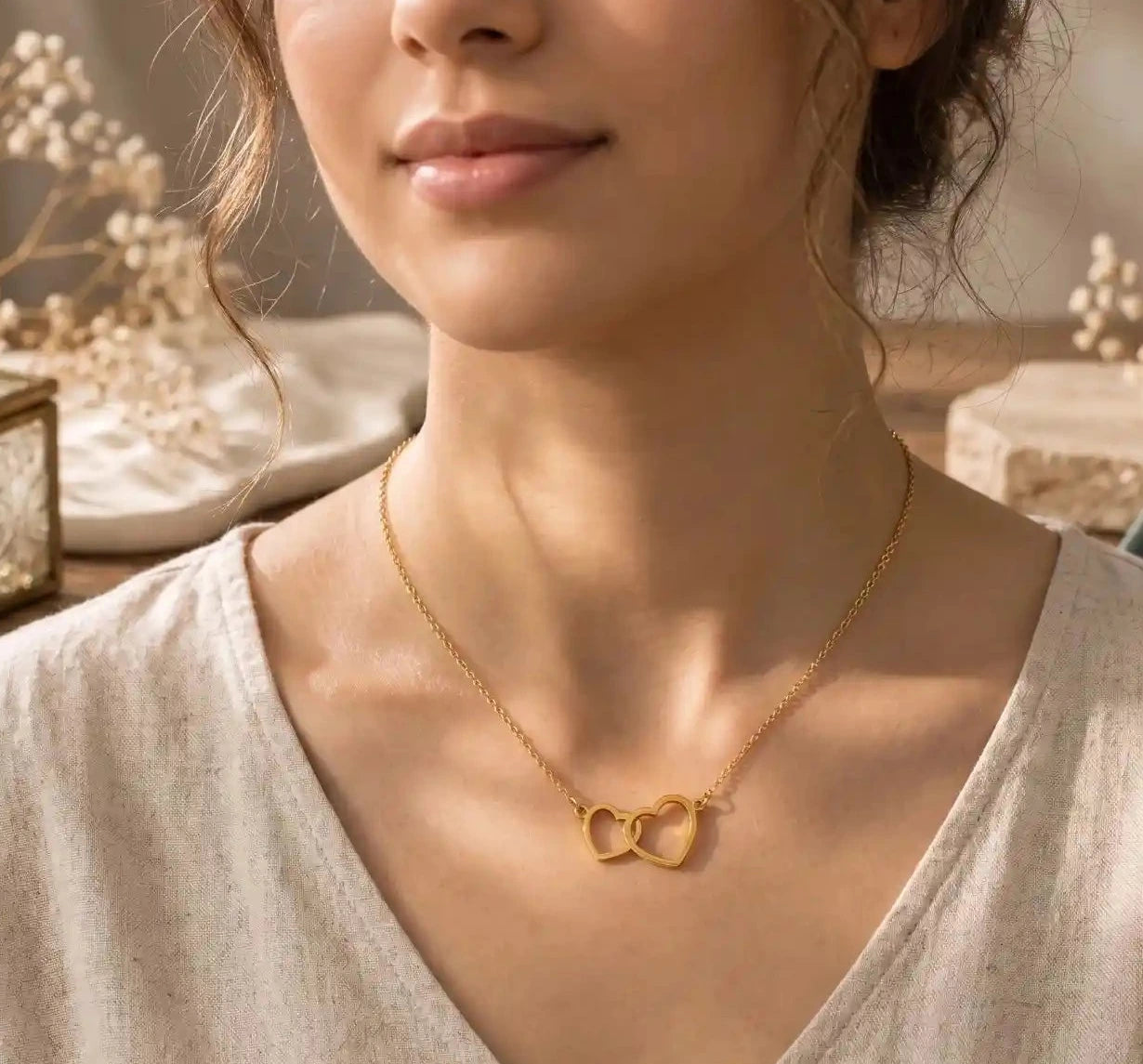 Elegant Gold Double Heart Pendant Necklace