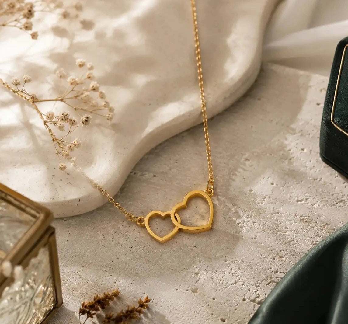 Double Heart Necklace with Gold Plated Finish