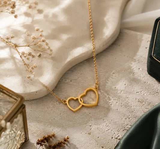 Double Heart Necklace with Gold Plated Finish