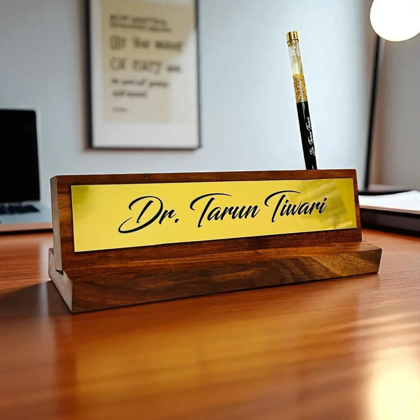 Personalized wooden nameplate with engraved pen for office desk”