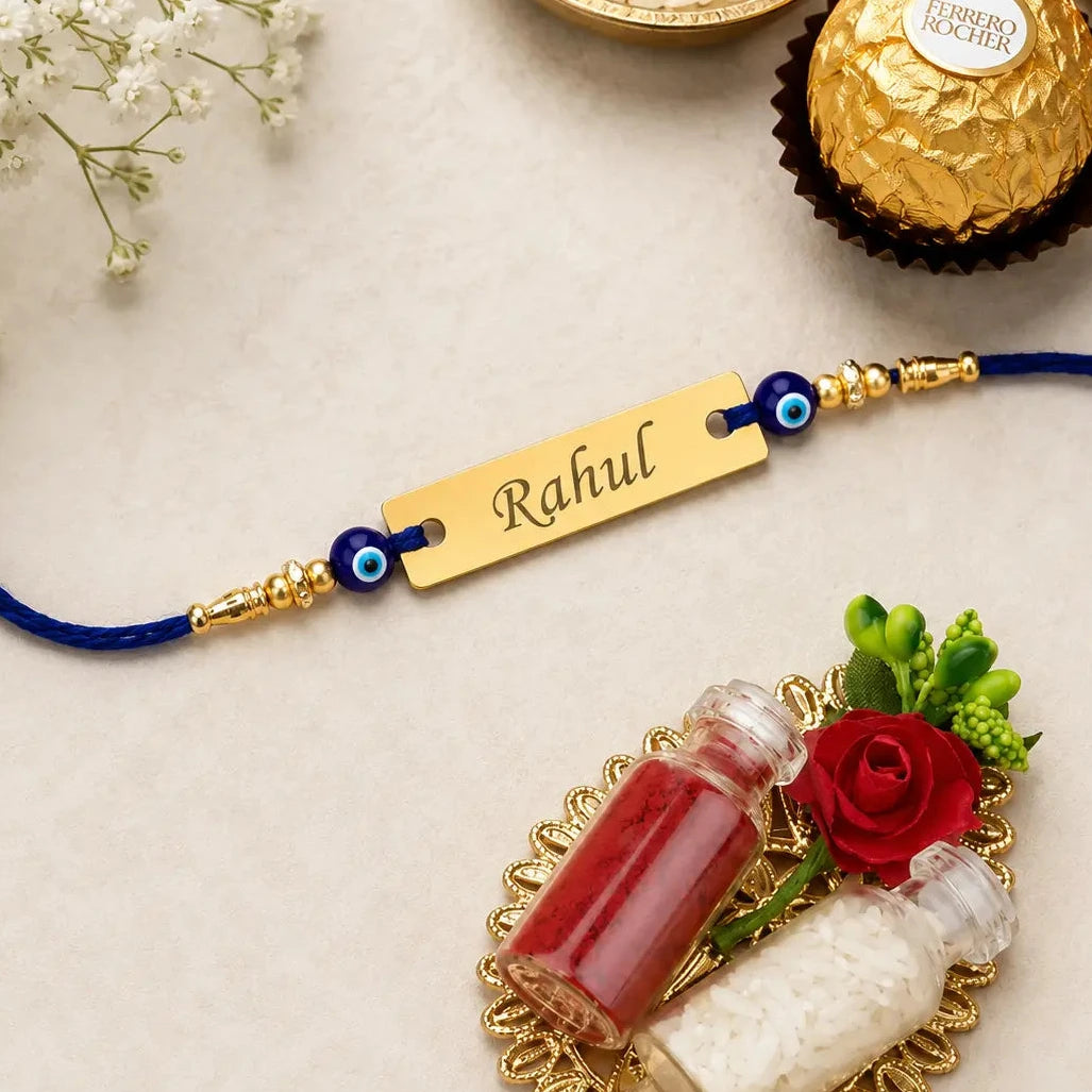 Personalized Gold Name Rakhi with Evil Eye Beads for Brother