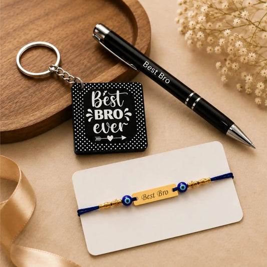 Best Bro Evil Eye Rakhi Gift Combo with Wooden Keychain and Metal Ball Pen for Brother