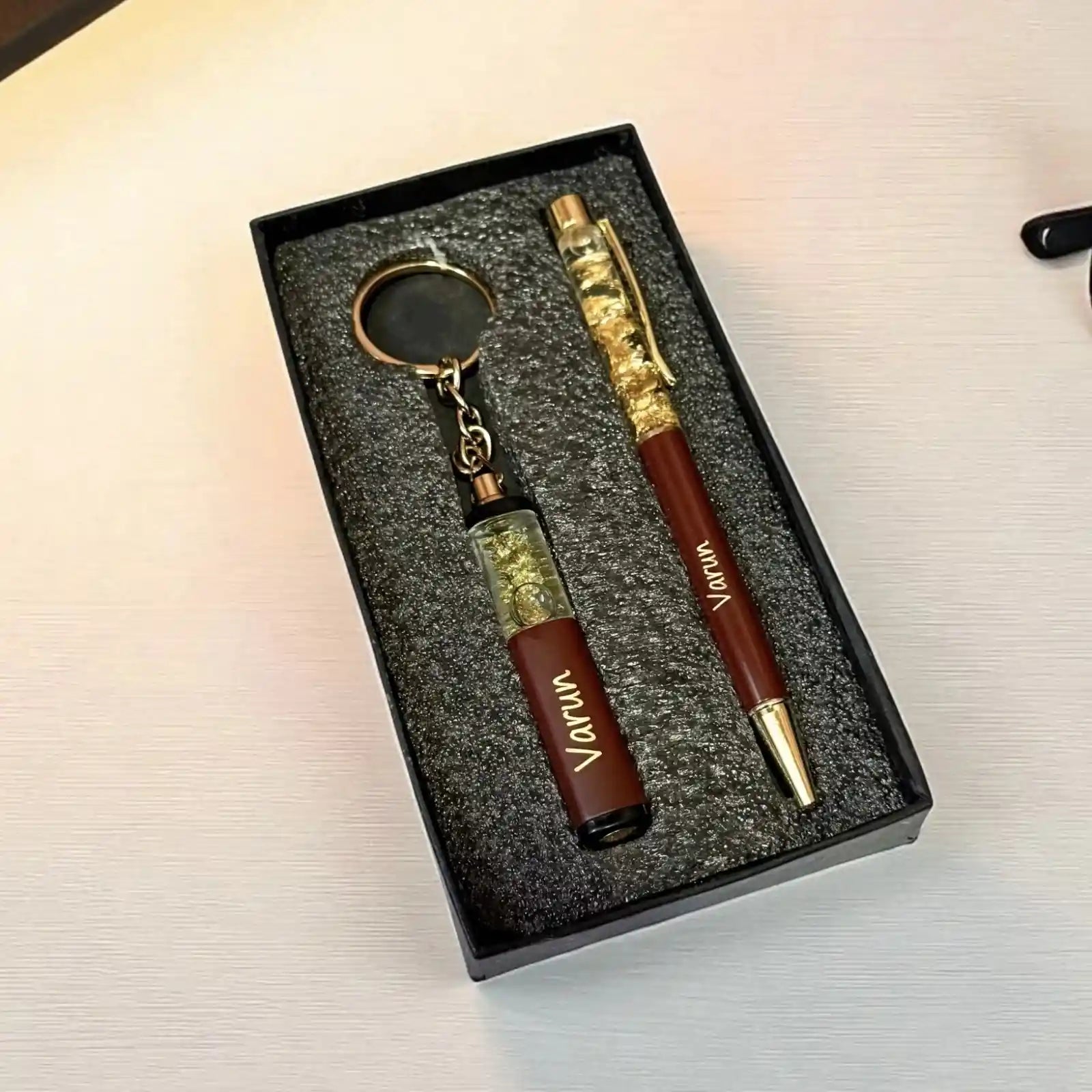 Gold flake pen and keychain set personalized with name