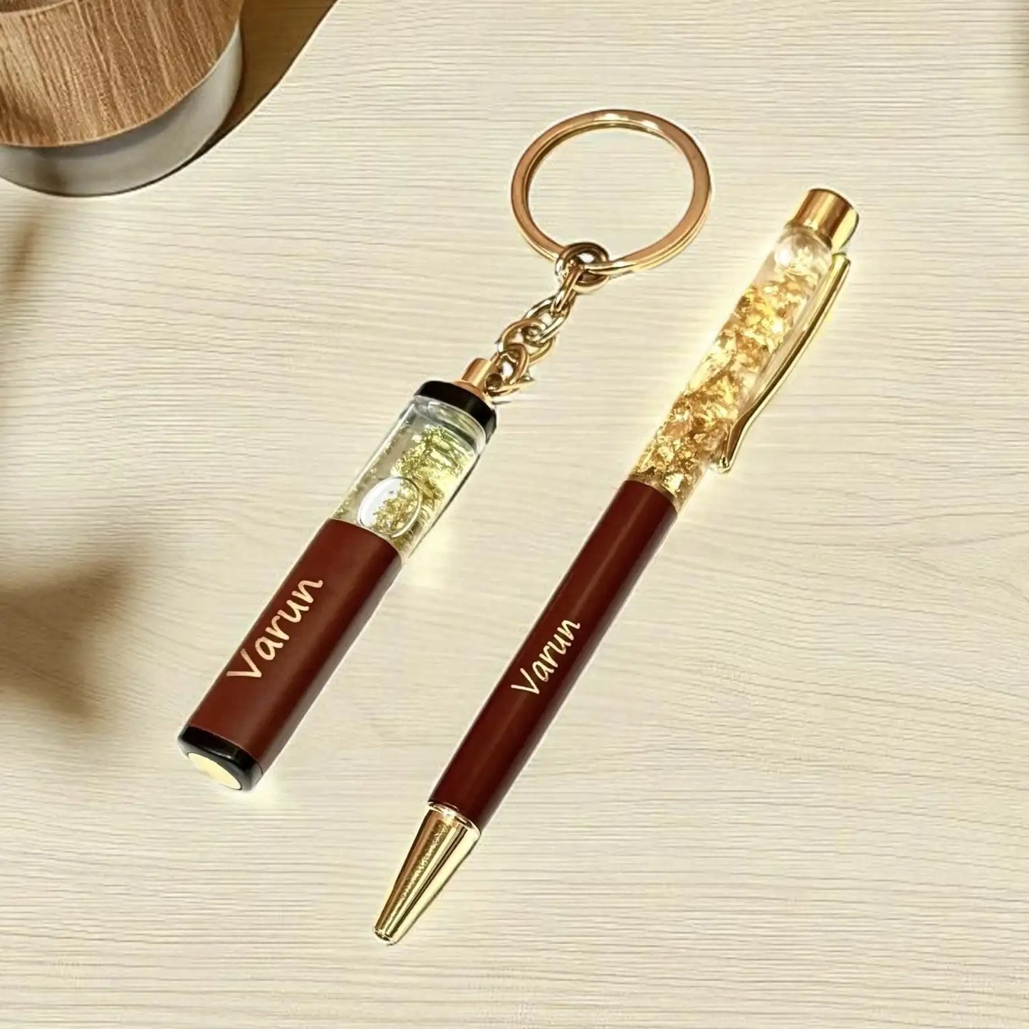 Customized gold flake keychain with name engraving