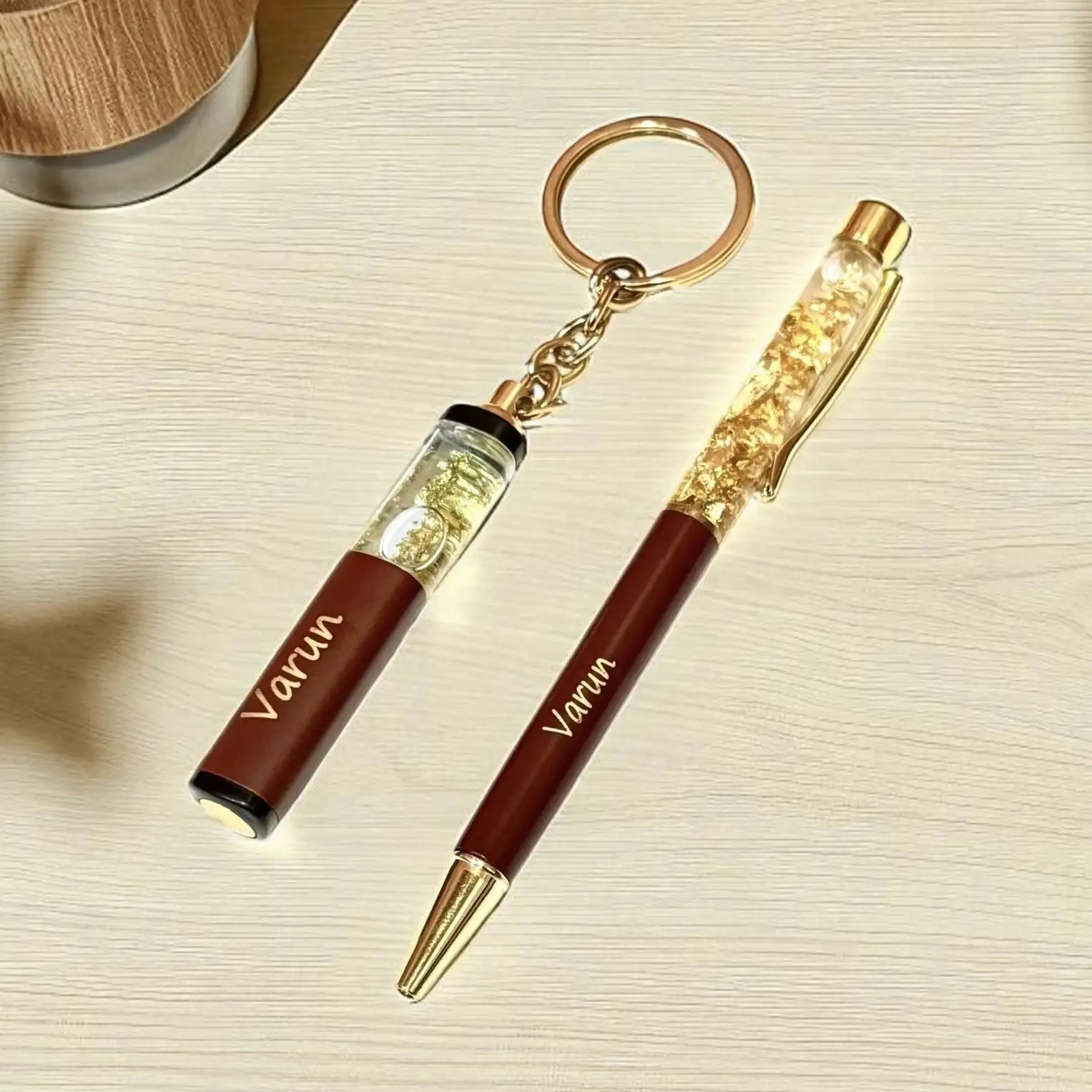 Customized gold flake keychain with name engraving