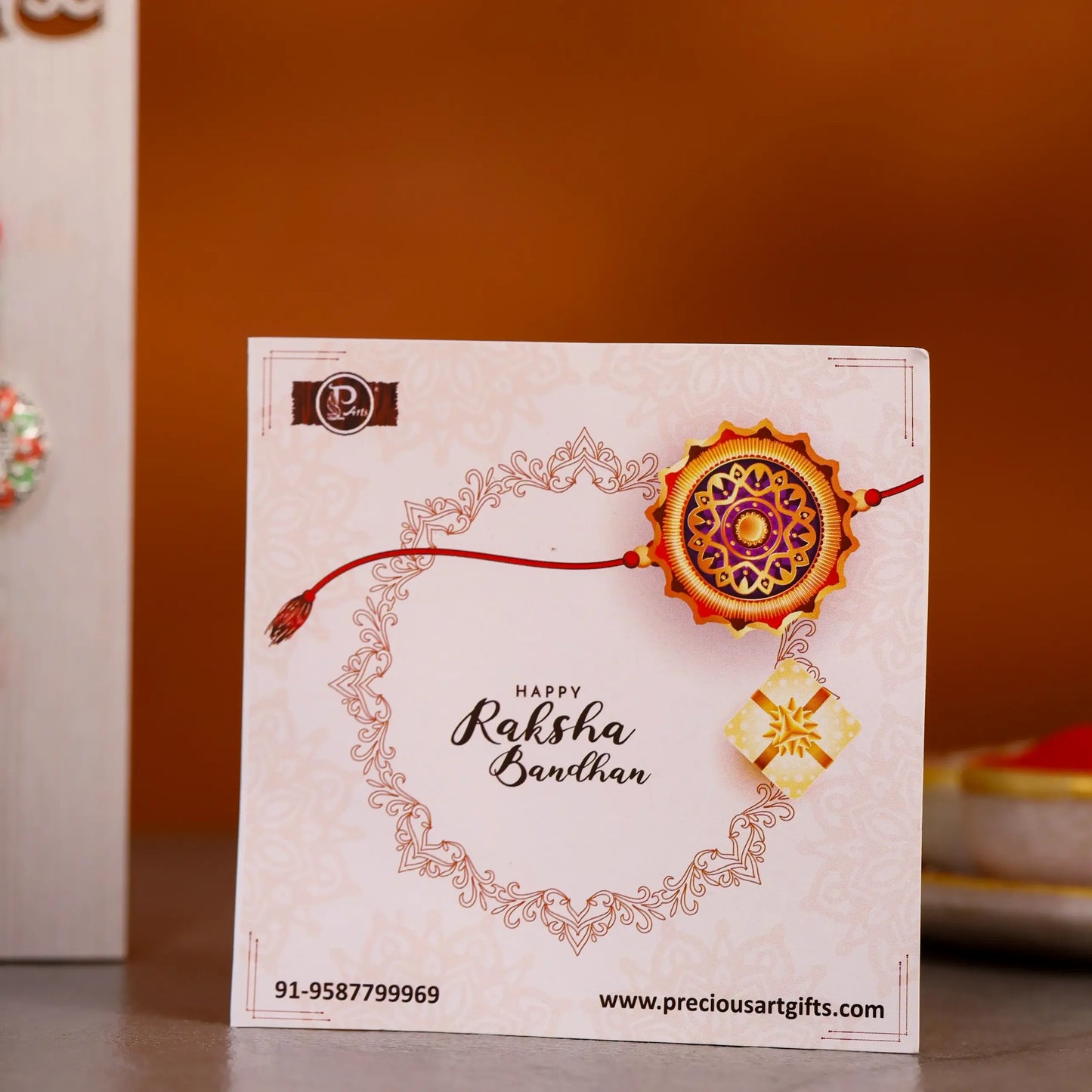 Designer Rakhi with Wooden Stand and Greeting Card