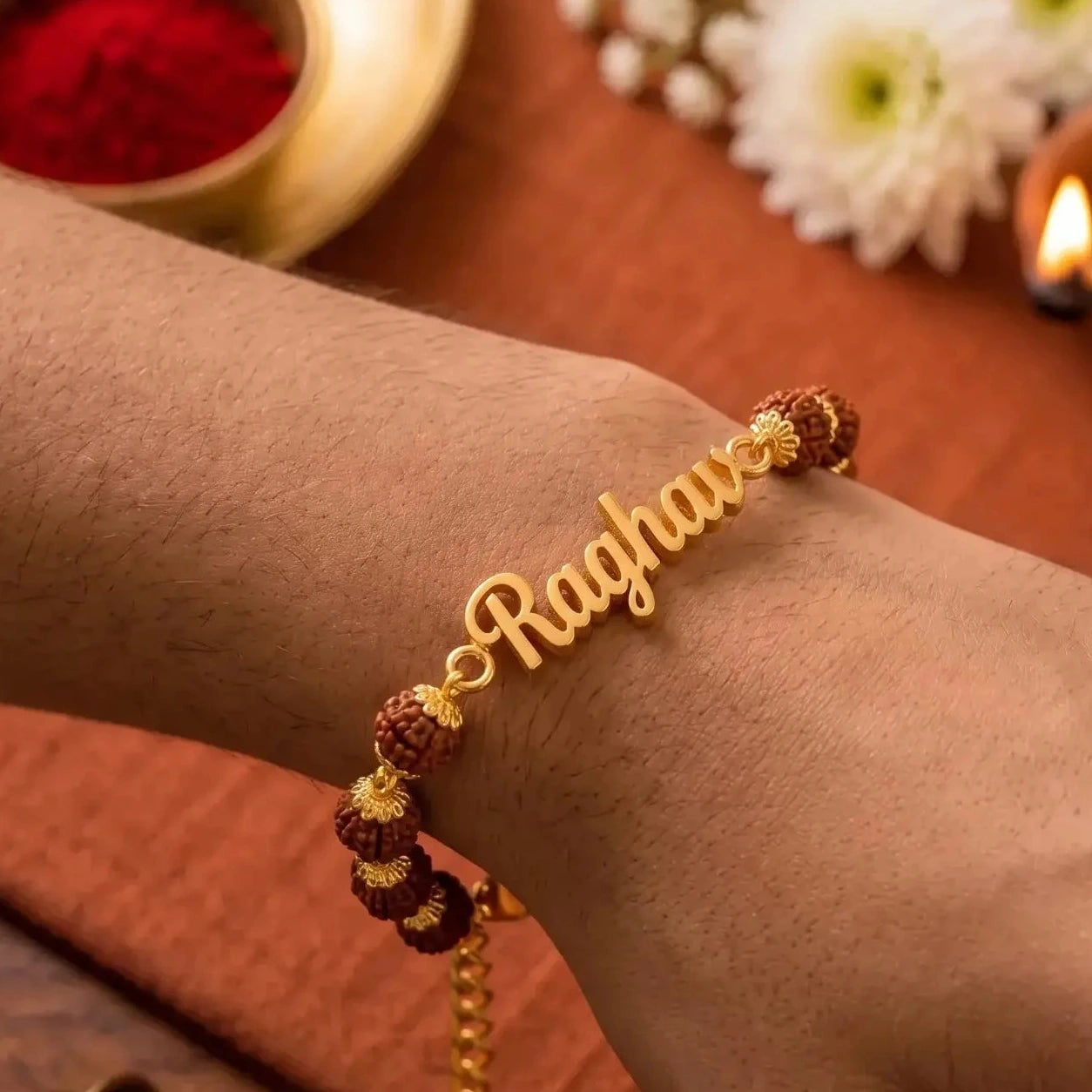 Personalized Raghav Name Rudraksha Bracelet Rakhi with Gold Finish for Raksha Bandhan