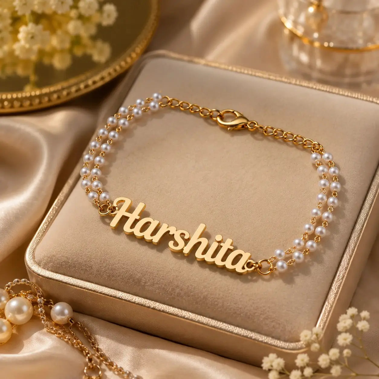 Gold Pearl Name Bracelet with Custom Name for Women and Girls