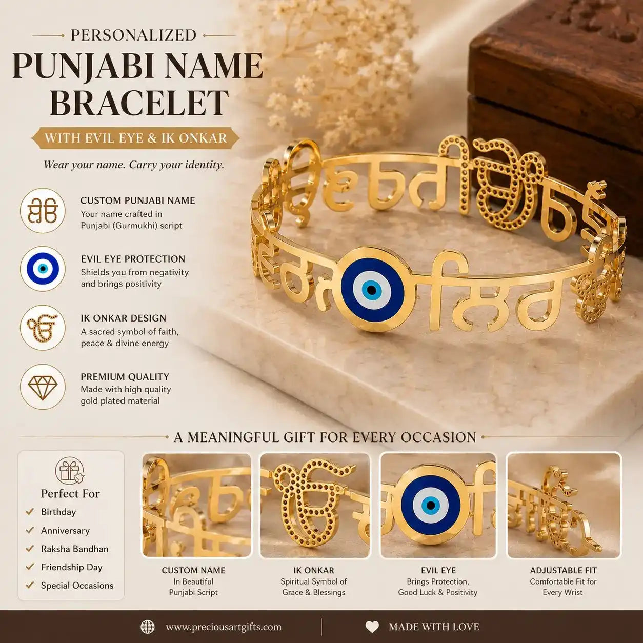Gold personalized Punjabi name bracelet with evil eye and Ik Onkar motifs, shown on a beige fabric background with product features, text callouts, and small inset detail views.