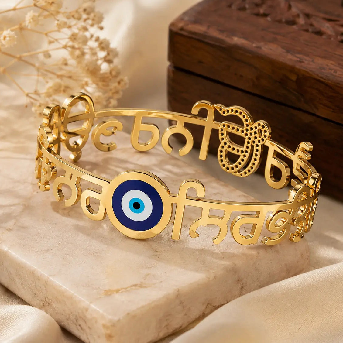 Ik Onkar Personalized Bracelet with Punjabi Name and Evil Eye Charm in Gold Finish