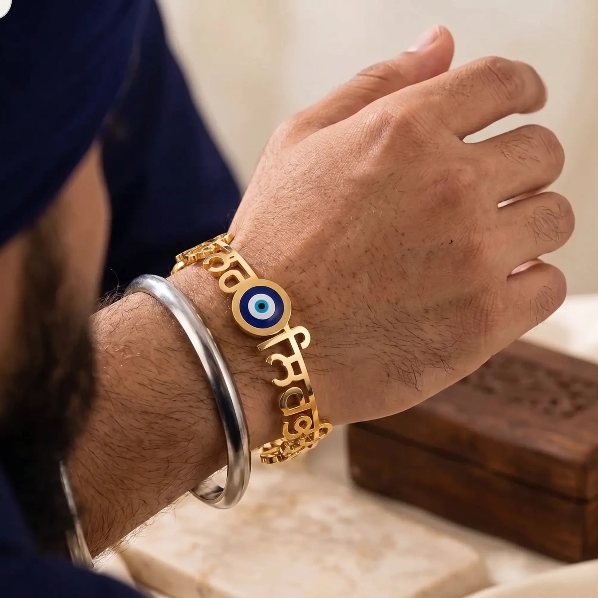 Punjabi Name Bracelet with Ik Onkar and Evil Eye charm