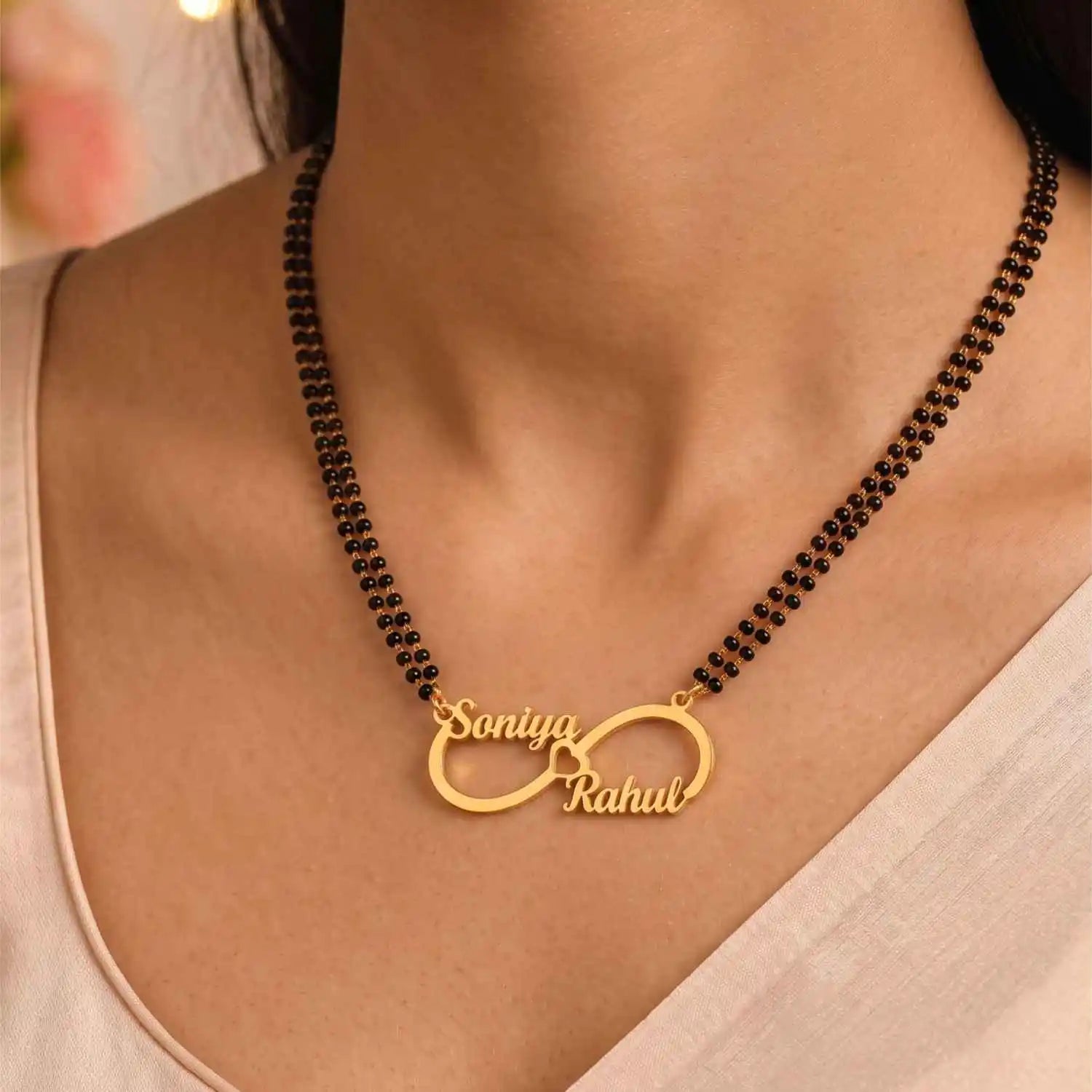 Infinity Couple Name Mangalsutra personalized with two custom names in gold finish