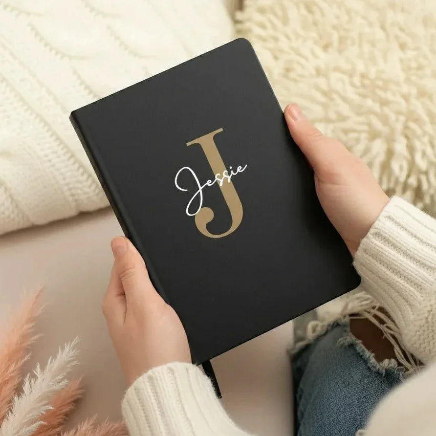 Custom initial name notebook for gifting – premium black diary