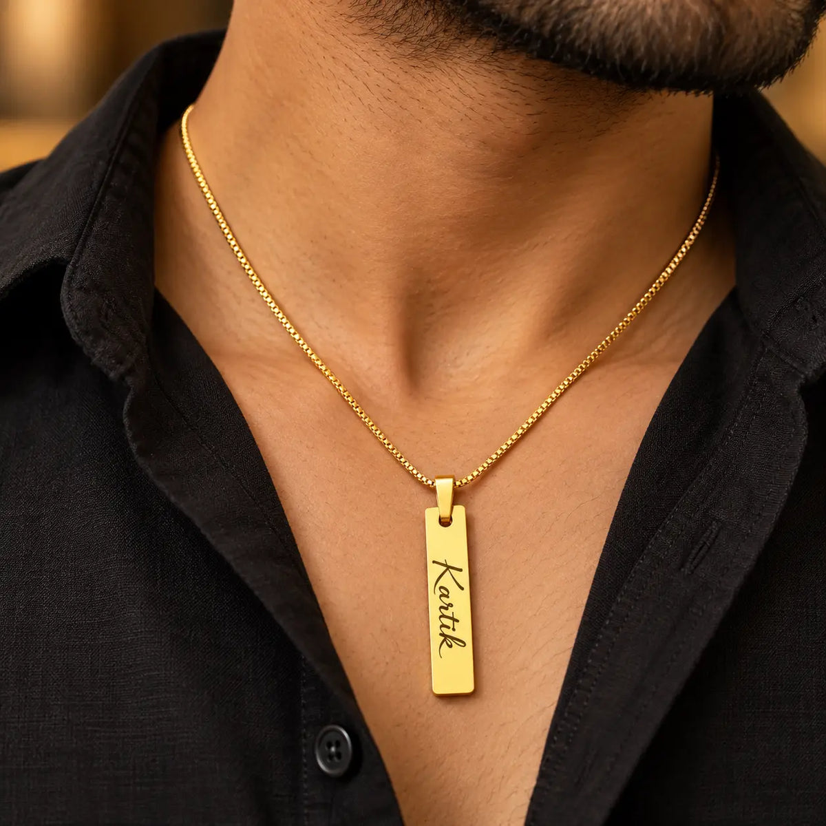Personalized gold name engraved rectangular pendant necklace for men with chain | Precious Art Gifts