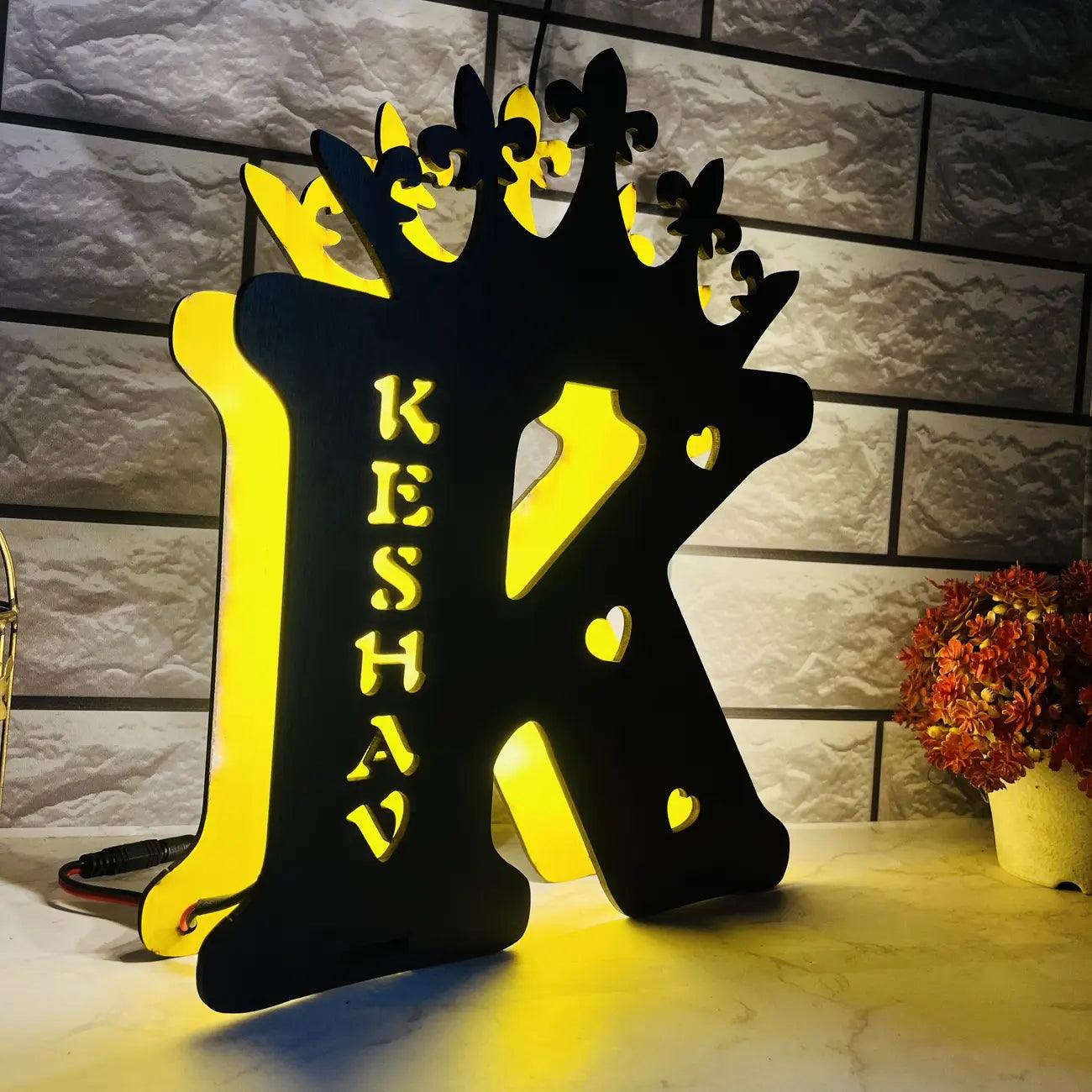 Customized Wooden Alphabet Lamp with Name Keshav and Crown Design 