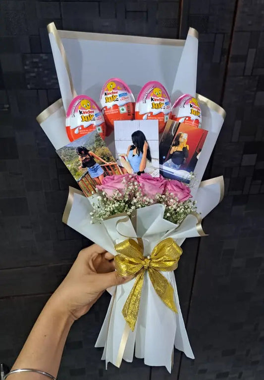 Personalized Kinder Joy bouquet with pink roses and custom photos wrapped in premium white paper