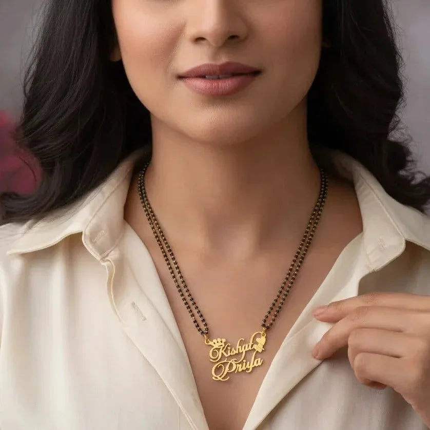 Woman wearing personalized double name mangalsutra pendant – customized couple jewelry for gifting