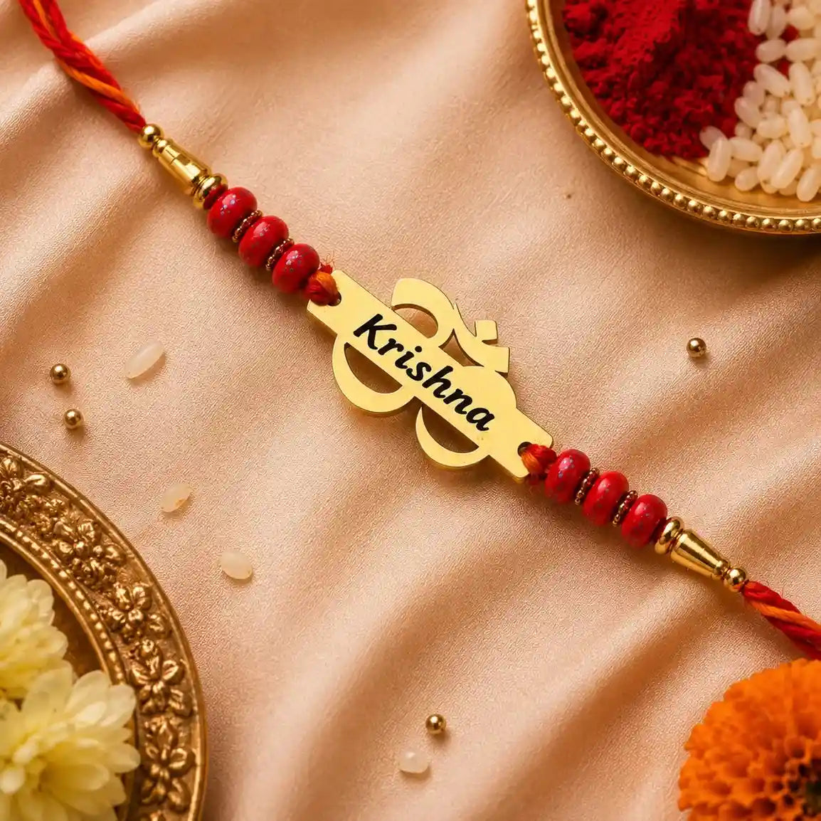 Krishna Customized Om Metal Name Rakhi with Gold Finish for Brother