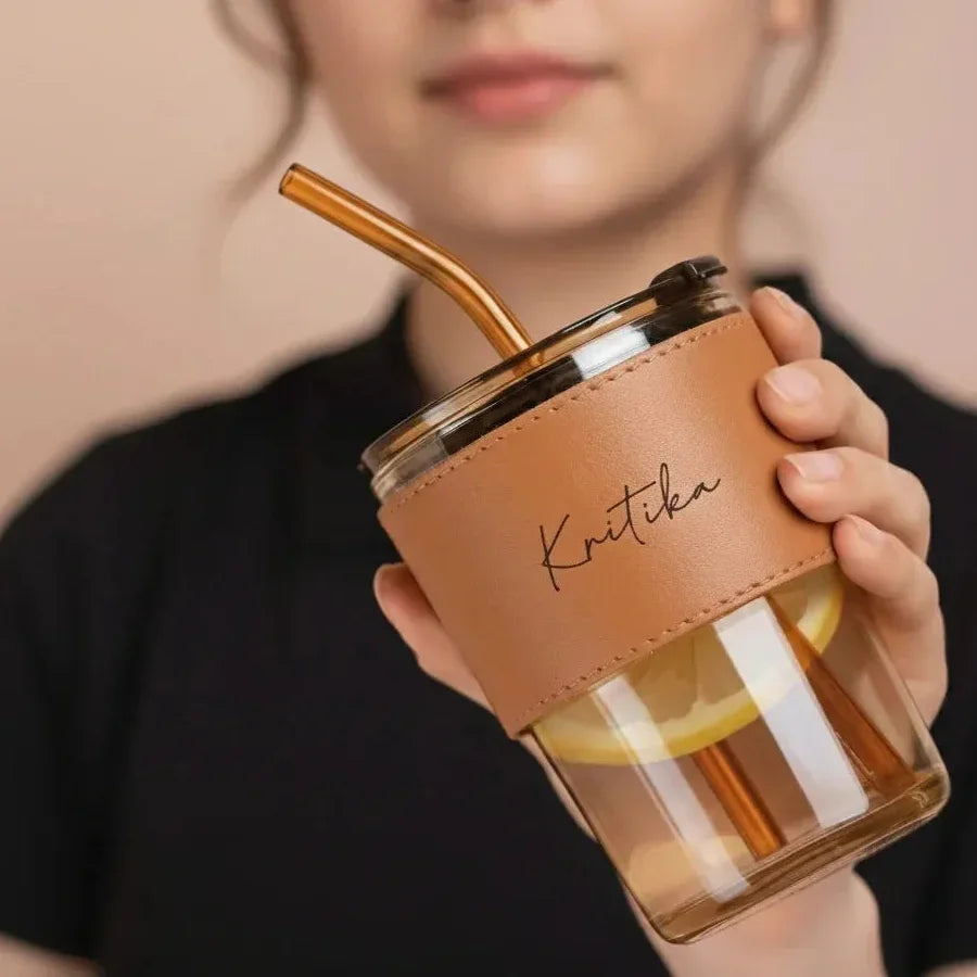 Personalized leather name glass tumbler for daily use