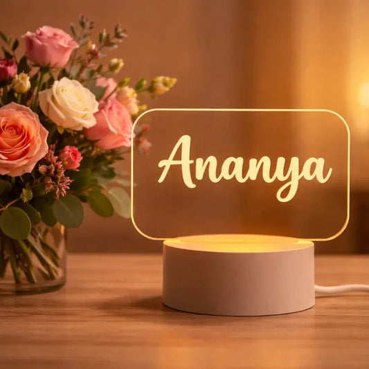 Custom LED name light Ananya on acrylic plate with floral background table decor lamp