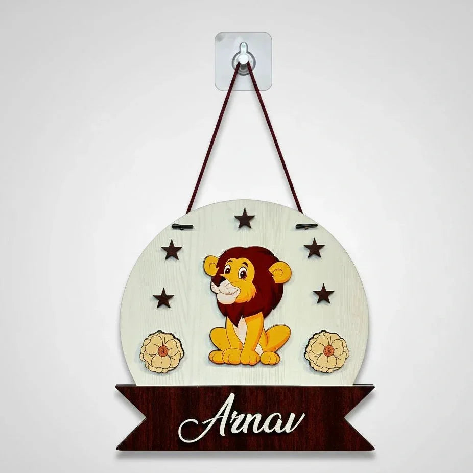 Lion wooden name board for baby room decor"