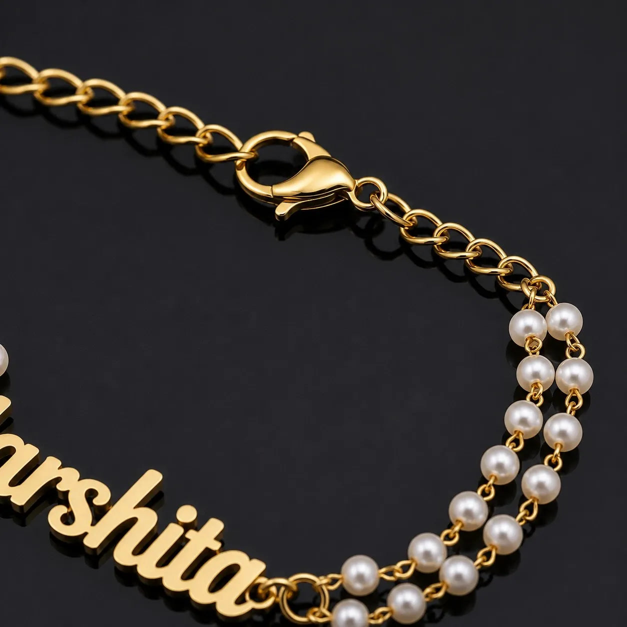 Custom Gold Name Bracelet with Pearl Chain for Everyday Wear