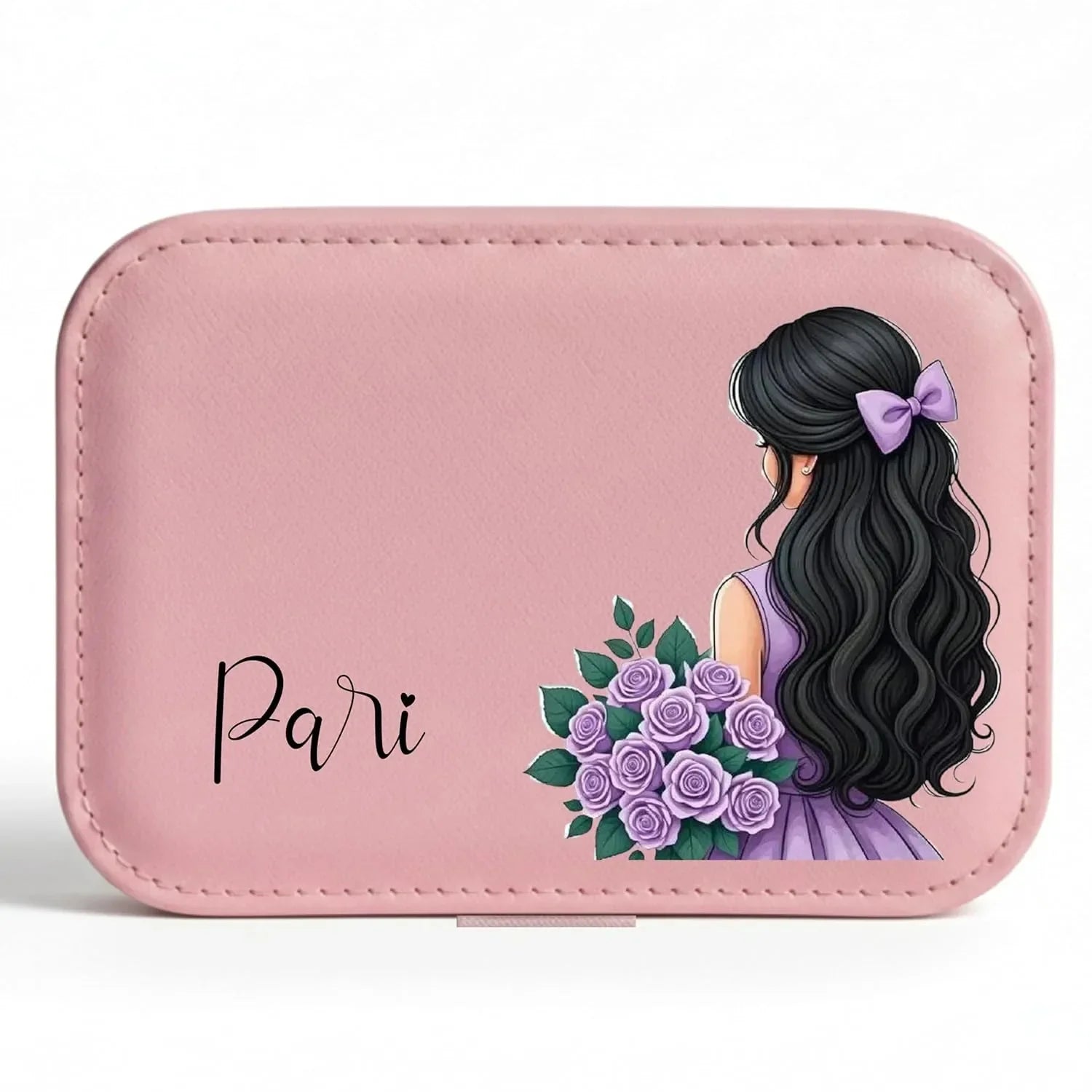 Aesthetic customized pink jewellery case with name print and girl illustration design