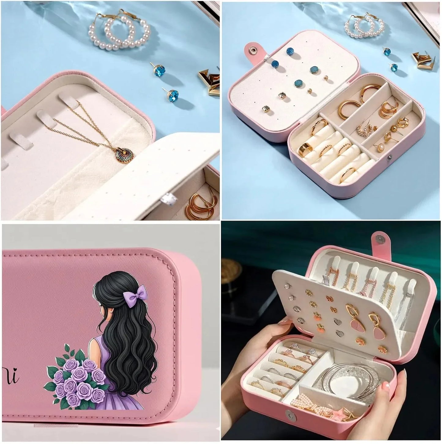 Personalized pink jewellery organizer box with custom name on lid