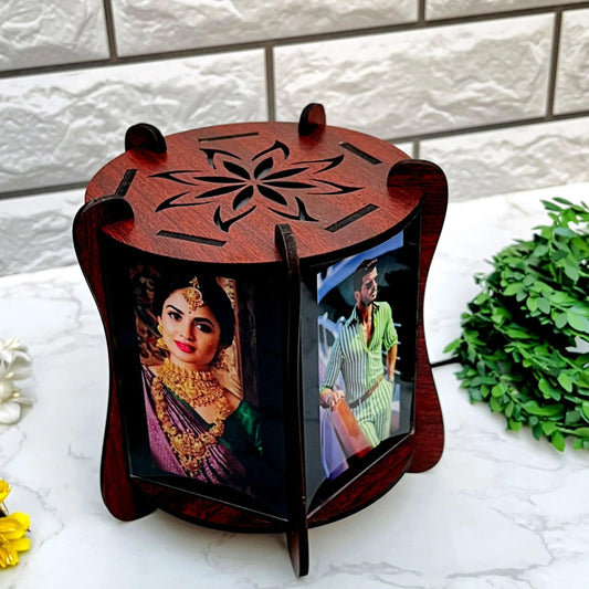 Personalized Round Wooden Photo Lamp with 5 Pictures – LED Gift Light