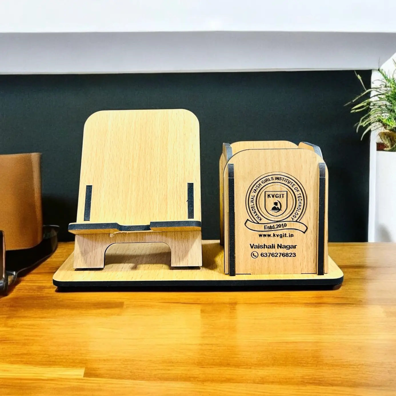 Personalized Wooden Pen Holder with Mobile Stand | Custom Office Accessory