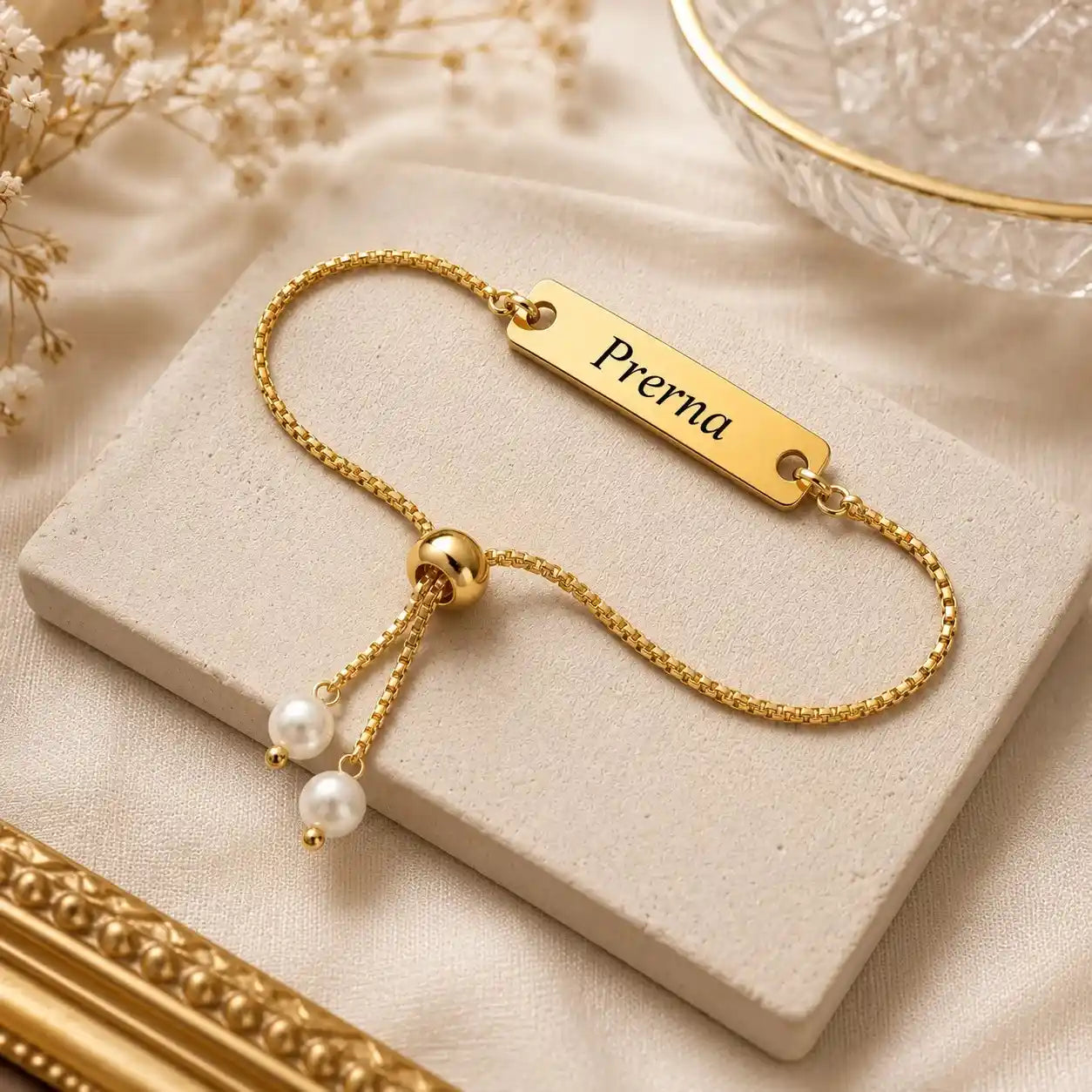 Gold Engraved Name Bracelet for Women with Custom Name Plate, Adjustable Chain and Pearl Charm Jewelry Gift for Girls