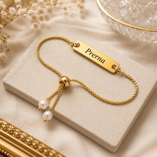 Gold Engraved Name Bracelet for Women with Custom Name Plate, Adjustable Chain and Pearl Charm Jewelry Gift for Girls