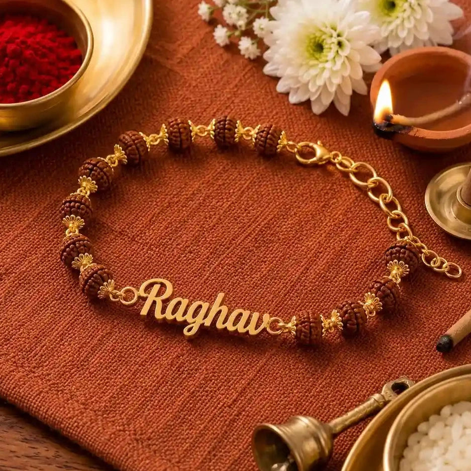 Raksha Bandhan Personalized Rahul Bracelet Rakhi Gift with Rudraksha Beads