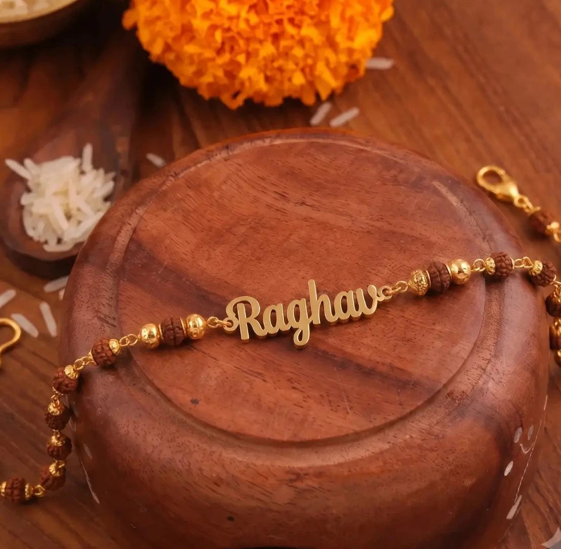 Custom Name Rakhi Bracelet with Rudraksha Beads and Gold Finish - Raghav Rakhi